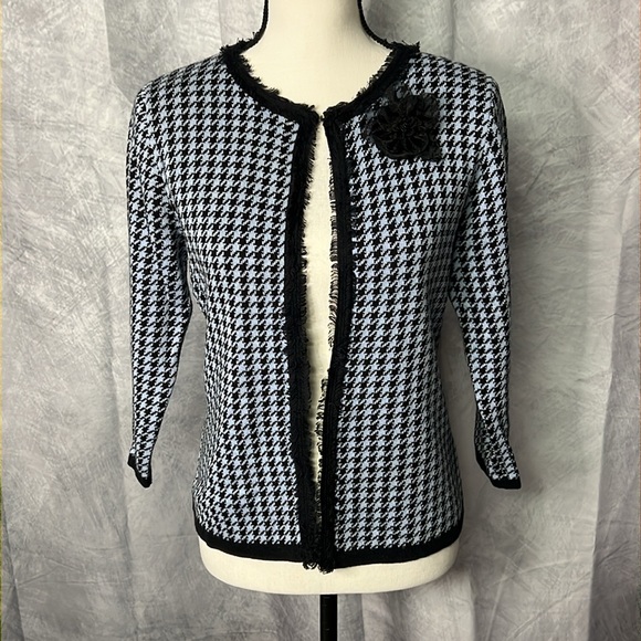 Crystal-Kobe Sweaters - Crystal-Kobe Blue and Black Houndstooth Cardigan Sweater with Floral Pin Accent